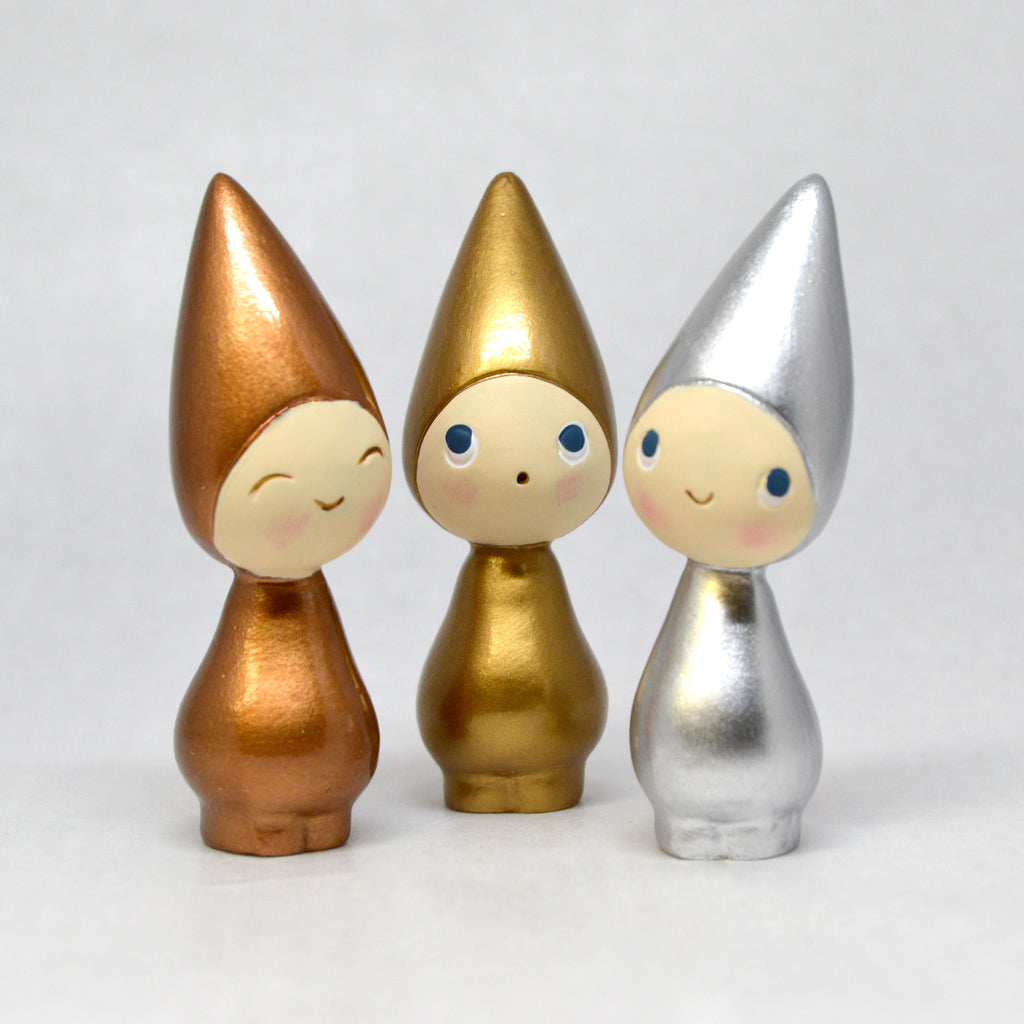 3 pcs Small Peggy gnomes - gold/silver/copper